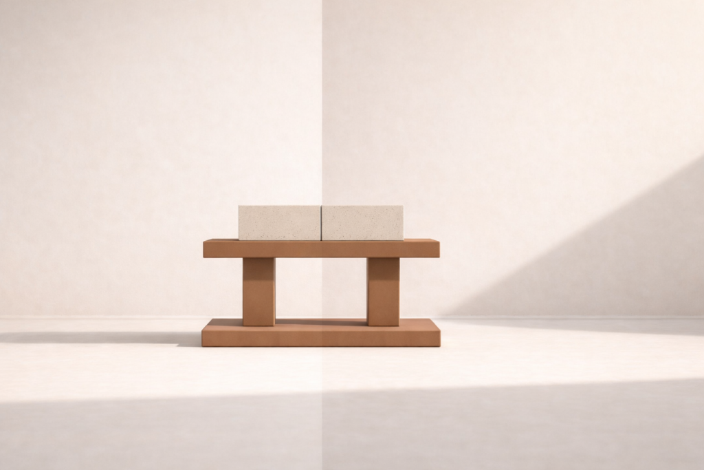 Minimalist architectural workspace with a stable central structure surrounded by subtle environmental shifts, representing emotional stability and discipline