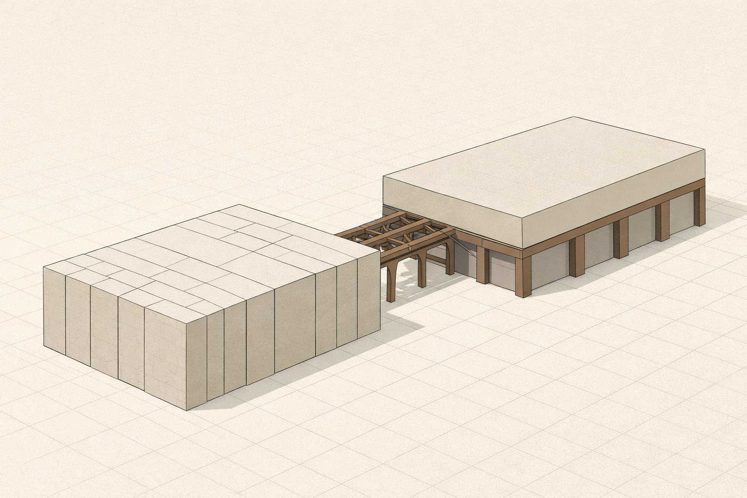 Minimalist architectural illustration showing two offset platforms: segmented slabs representing ethnic identity boundaries and a unified slab supported by clay-brown beams representing coalition governance, connected by an interlocking bridge.