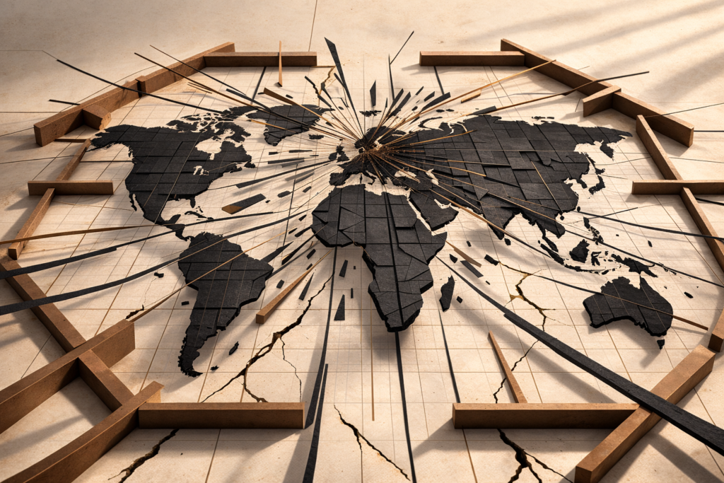 Abstract minimalist illustration of a global digital grid under legal containment, with enforcement lines extending across borders to represent extraterritorial regulation of viral harm.