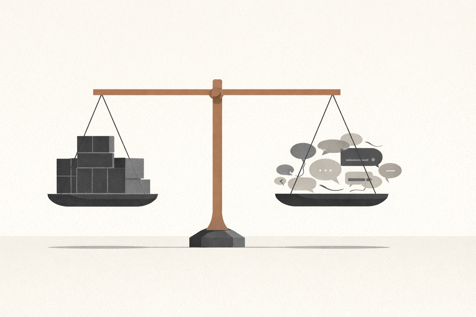False equivalence illustrated as a distorted balance scale forcing unequal ideas to appear equal