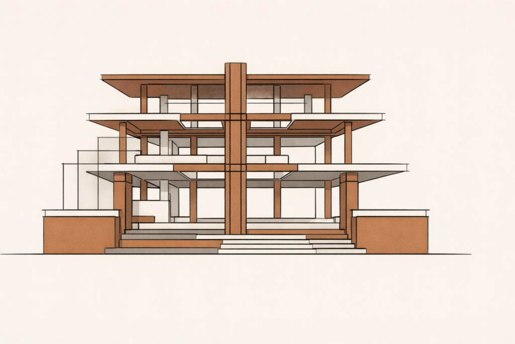 Minimalist architectural illustration showing a reinforced structural spine under pressure, symbolizing discipline, stability, and financial system design