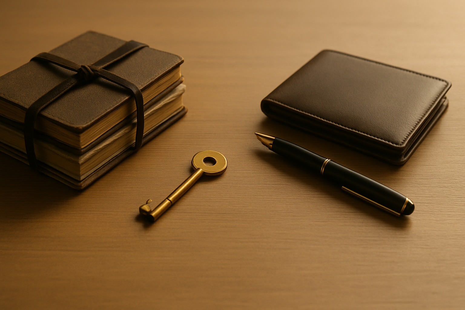 Minimalist banner featuring a small stack of ledgers, a brass key, and a fountain pen on a wooden desk under warm morning light, symbolizing reflection and financial completion.