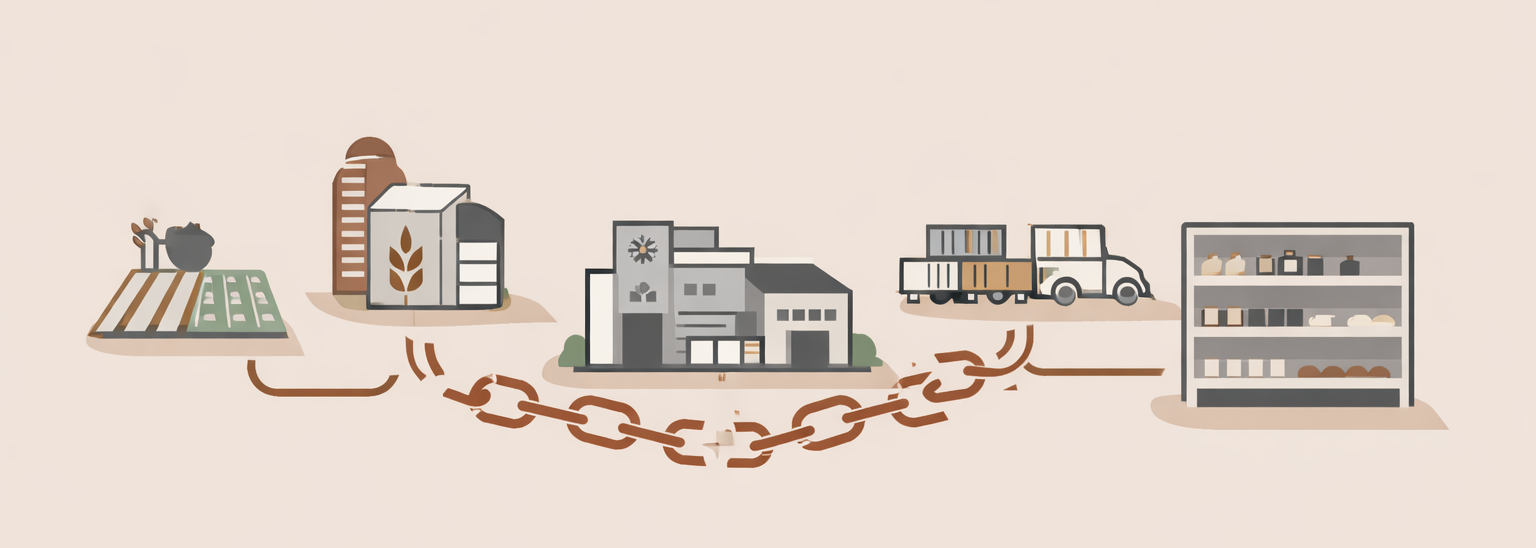 Why food shortages happen illustrated through farms, supply chain bottlenecks, warehouses, trucks, and grocery shelves.