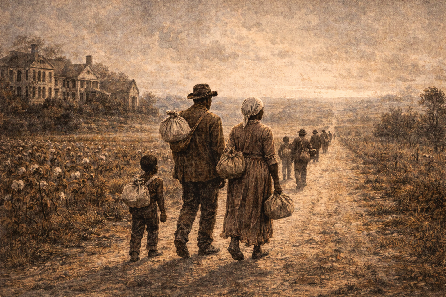 newly emancipated families walking uncertain road after Civil War freedom and hunger