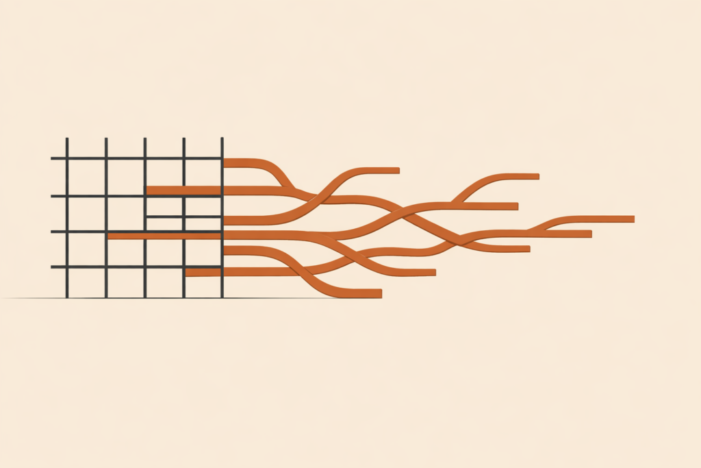 Minimalist illustration of structured media grid with diverging pathways representing the rise of independent journalism and changing trust in media institutions.