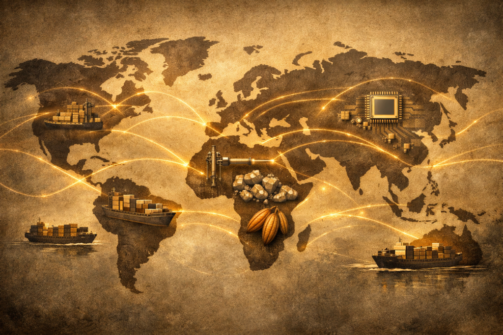 Abstract world map showing global trade routes and resource flows representing the economic forces behind geopolitical conflict.