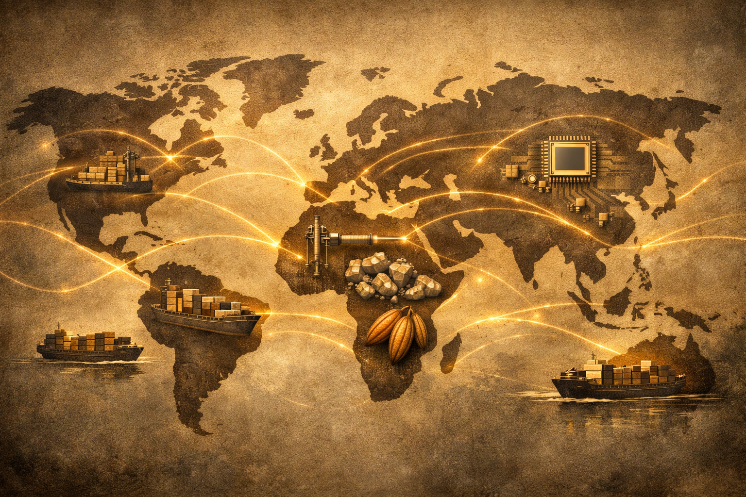 Abstract world map showing global trade routes and resource flows representing the economic forces behind geopolitical conflict