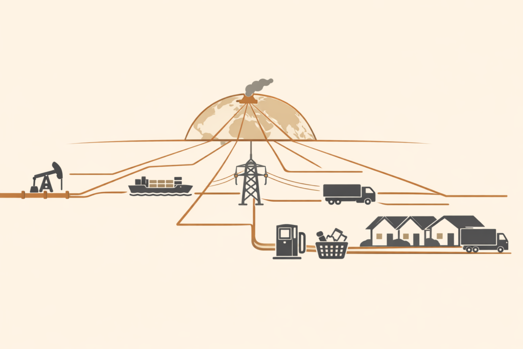 Minimalist illustration showing global supply chains connecting a distant conflict zone to everyday community infrastructure like homes, fuel stations, and delivery routes.