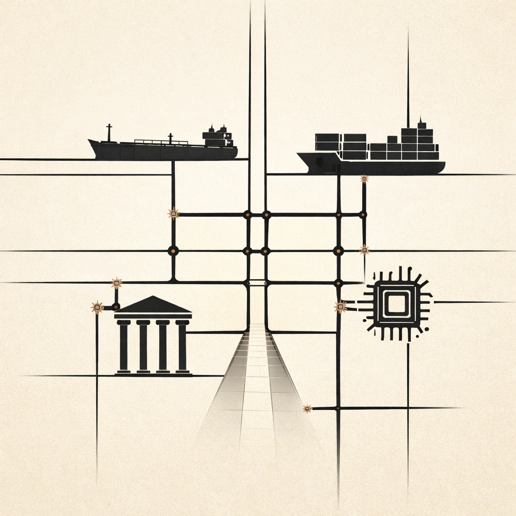 Global economic trends 2026 illustrated as a structural grid linking energy trade policy and artificial intelligence