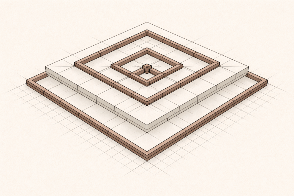 Top-down minimalist architectural system expanding outward in balanced layers with clay-brown reinforcement beams symbolizing long-term structural strengthening and disciplined growth.