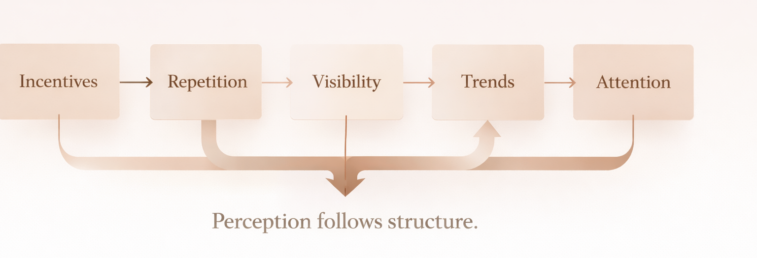 Architectural systems diagram showing sequential pathways that represent how perception is engineered through incentives, repetition, visibility, trends, and attention