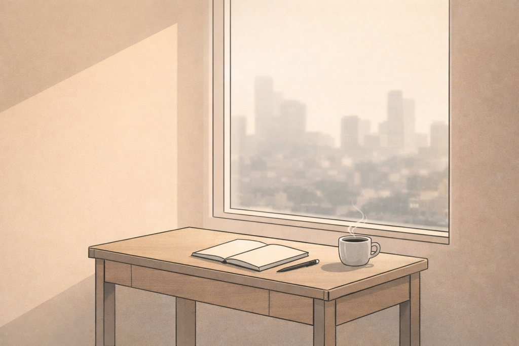 Minimalist illustration of a quiet desk near a window symbolizing the practice of stillness and mental clarity.