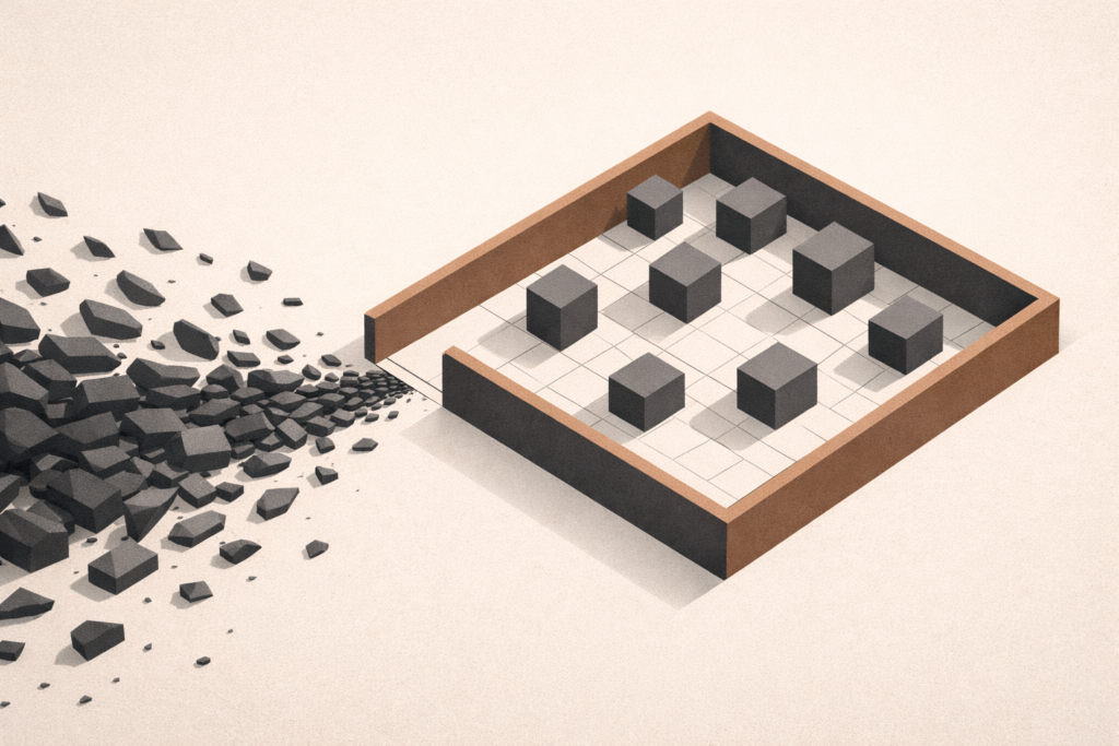 Minimalist top-down architectural illustration of angular charcoal fragments compressing through a narrow entry into a structured grid within a thin clay-brown boundary, symbolizing disciplined capital allocation over impulse spending.