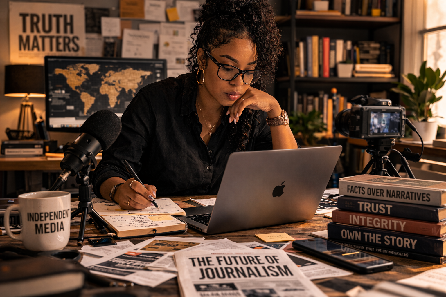 Independent journalism and creator-led media workspace showing modern publishing tools used by independent reporters