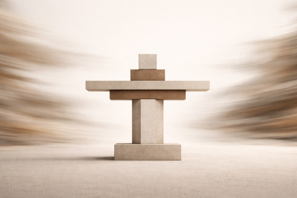 Minimalist architectural structure representing inner stability and emotional discipline against a blurred chaotic background
