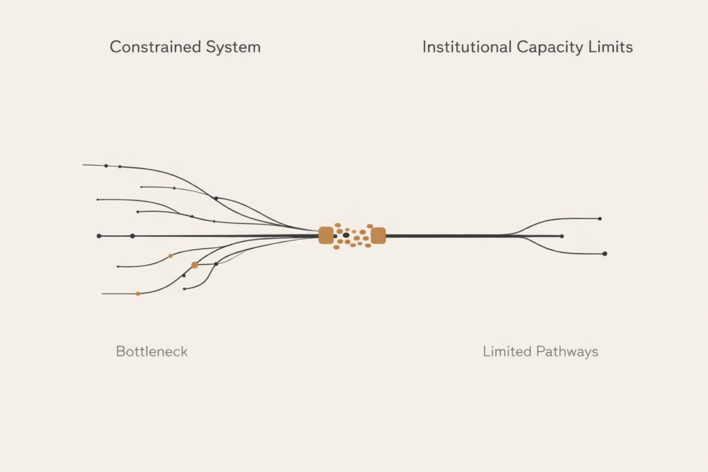 Institutional capacity diagram showing system bottleneck where pathways compress and congestion forms due to limited absorption capacity.