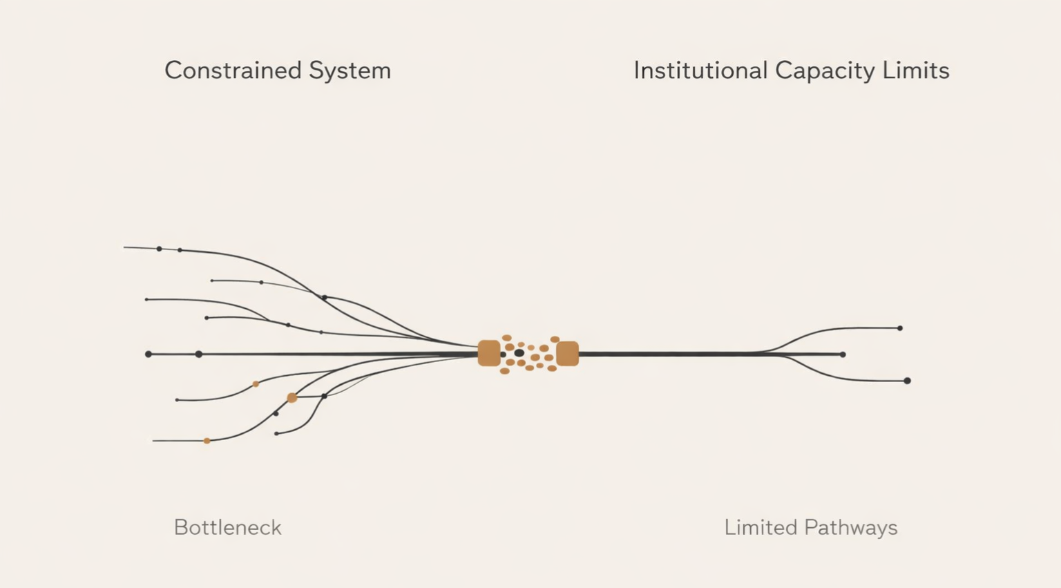 Institutional capacity migration absorption diagram showing a central bottleneck where pathways compress under strain