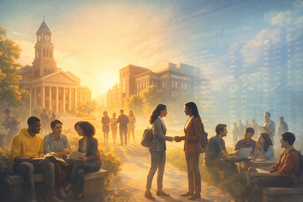 Editorial illustration showing how institutional culture and mentorship shape student success more than university rankings.