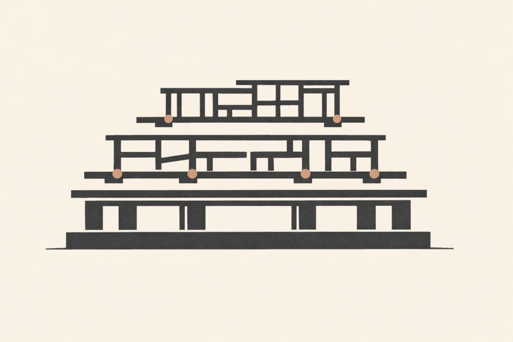 Minimalist architectural illustration showing a charcoal structural system with subtle clay-brown reinforcement joints representing quiet institutional maintenance and system stability.