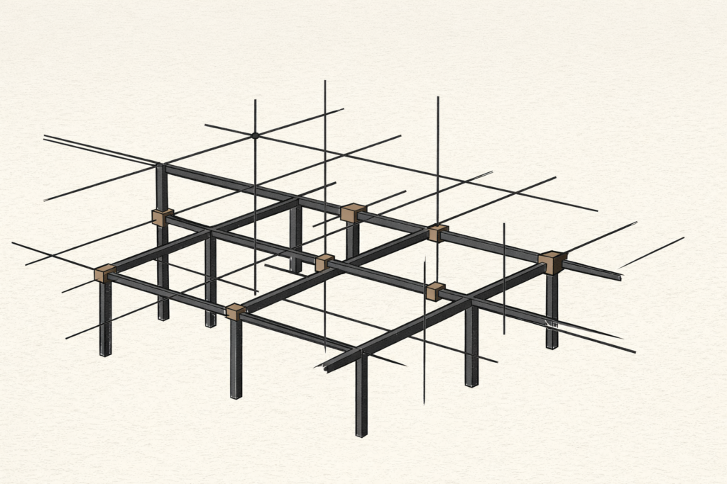 Institutional maintenance illustrated through a minimalist architectural system where small structural repairs keep a large framework stable