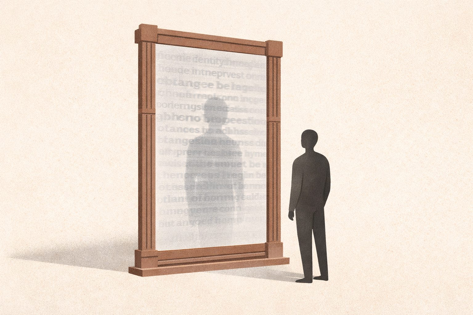 Illustration showing a person facing a mirror with layered reflections representing internalized identity narratives and self perception