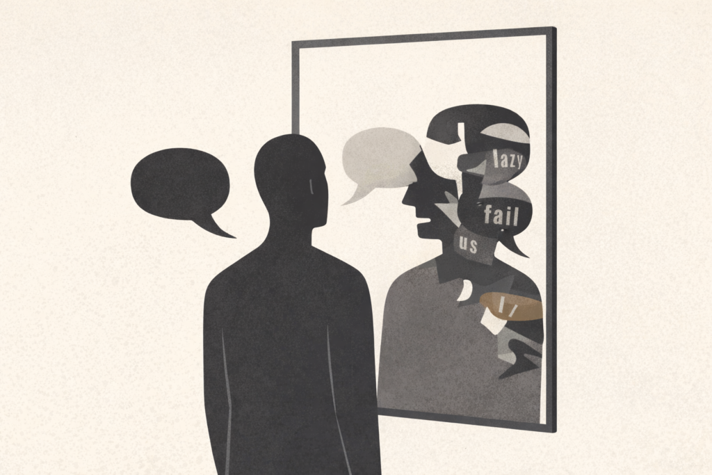 Minimalist illustration of a person speaking to their reflection while distorted speech bubbles emerge from the mirror, symbolizing internalized language and identity conflict.