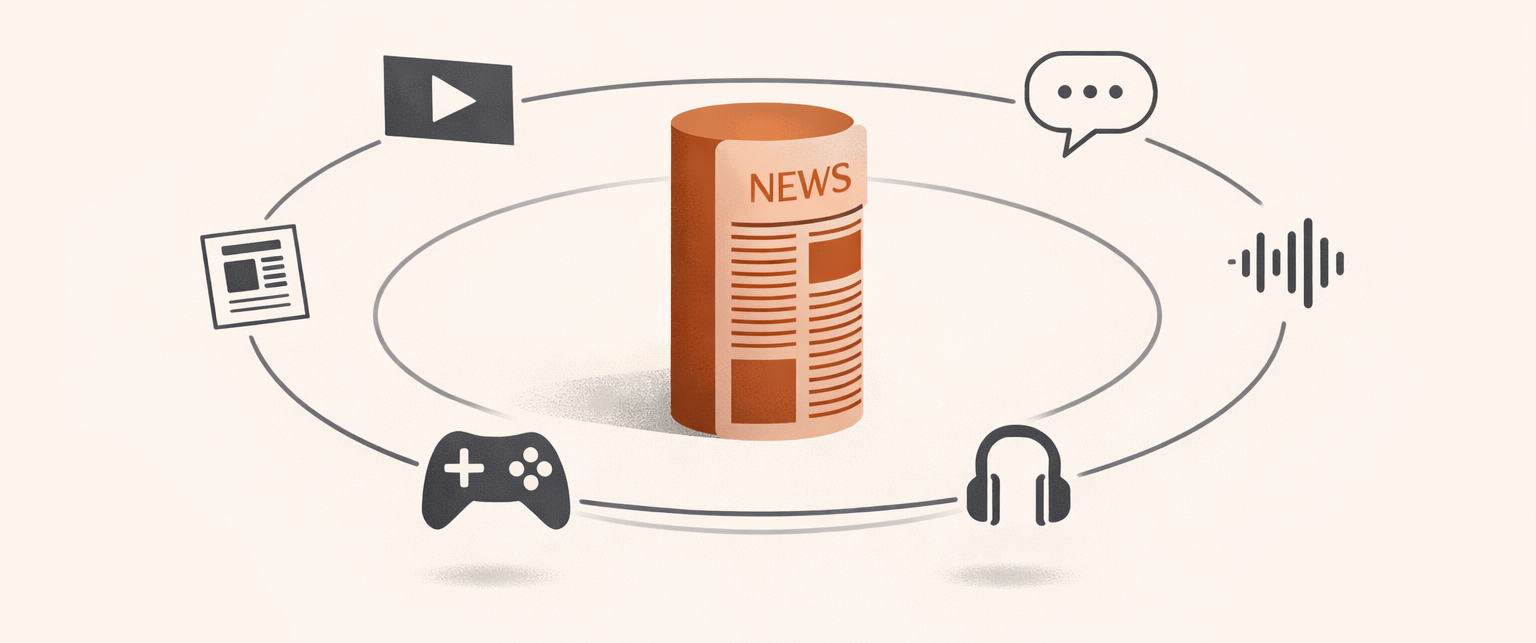 Editorial illustration showing journalism competing with social media, streaming content, gaming, podcasts, and digital platforms within the modern attention economy.