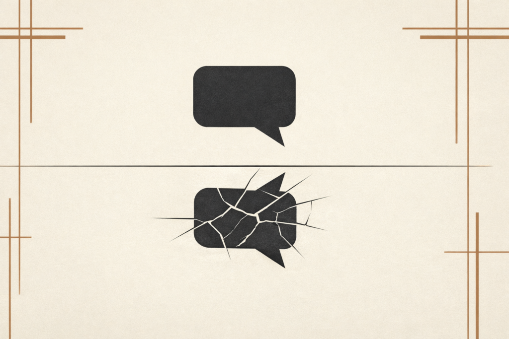 Minimalist illustration of mirrored speech bubbles fracturing in reflection, symbolizing language shaping identity and self-perception.