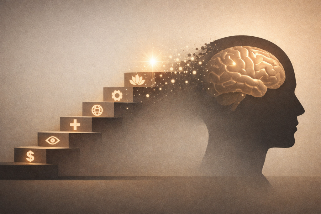 Abstract staircase of glowing symbols leading toward a human brain silhouette representing the idea of levels of consciousness