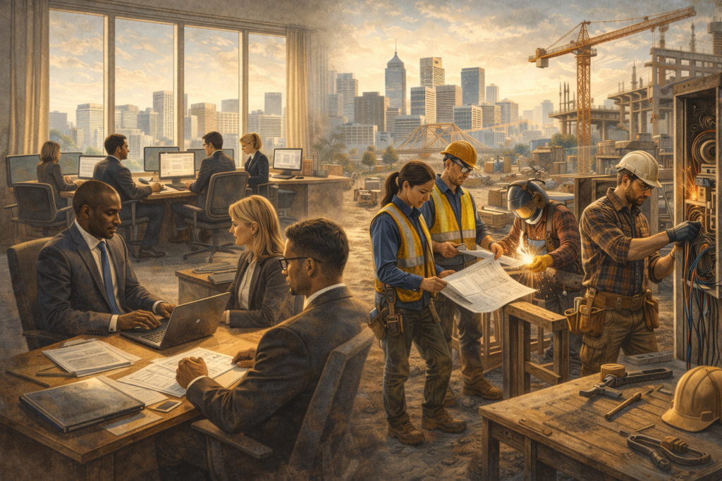 Cultural stigma of manual labor contrasted with skilled trades workers building modern infrastructure