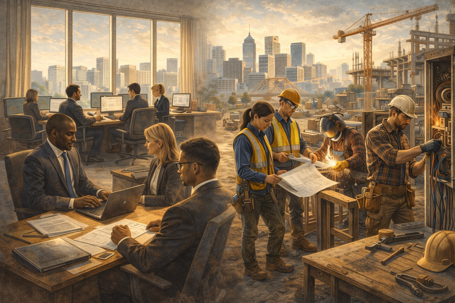 Diverse skilled trades workers including electricians, welders, carpenters, and mechanics building infrastructure at a construction site, illustrating the stigma of manual labor in modern society.