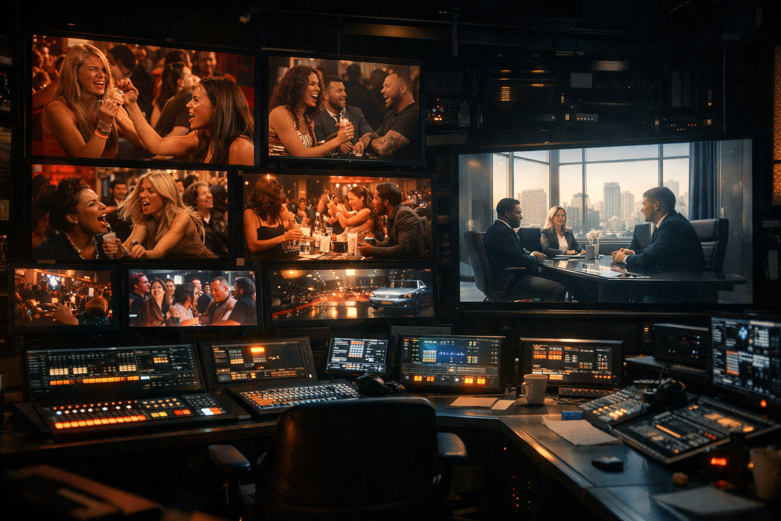 Dimly lit control room filled with screens showing chaotic reality TV contrasted with one calm structured environment