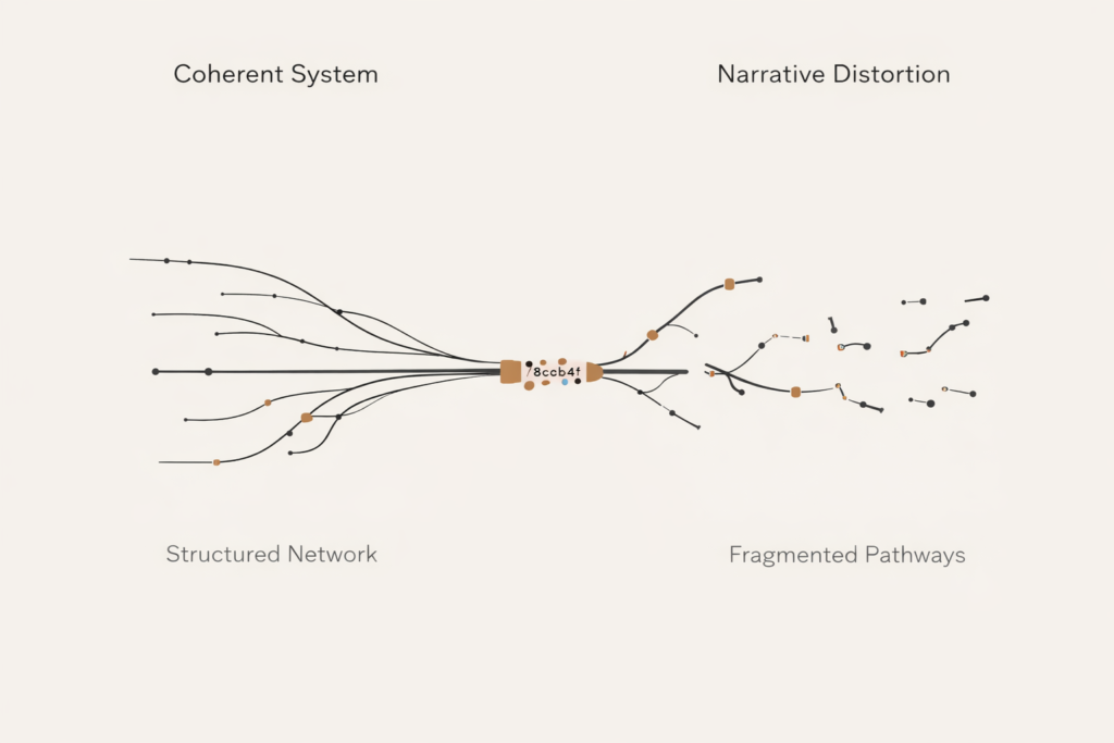 Narrative distortion diagram showing fragmented and misaligned pathways representing breakdown of structural clarity in migration systems.