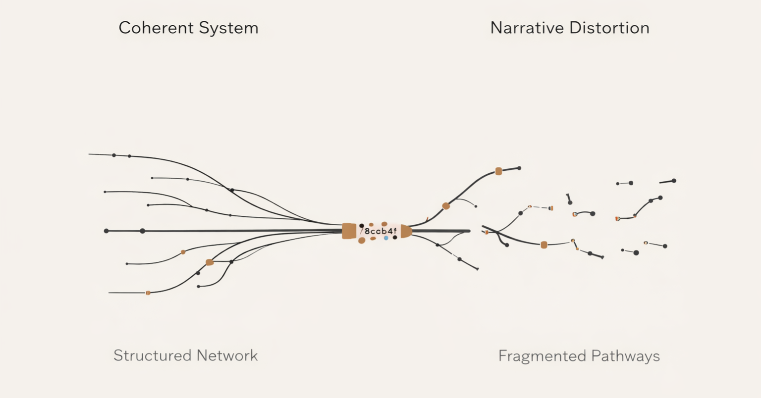 Migration narratives system reality diagram showing fragmented pathways and broken structural signals