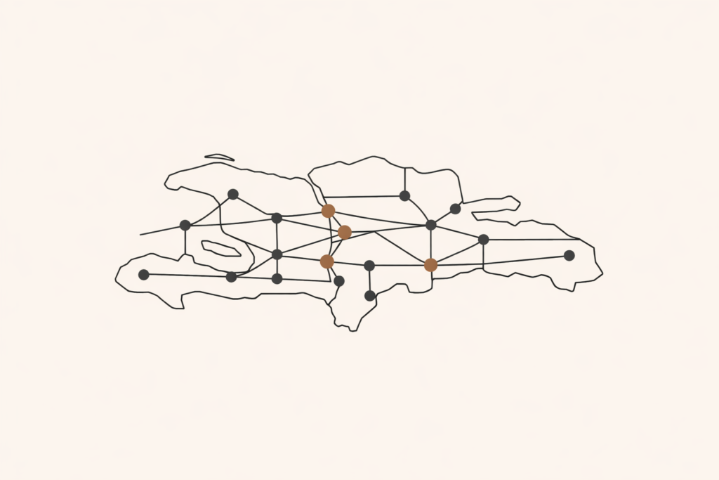 Minimalist diagram showing two misaligned governance systems creating pressure across a shared landmass