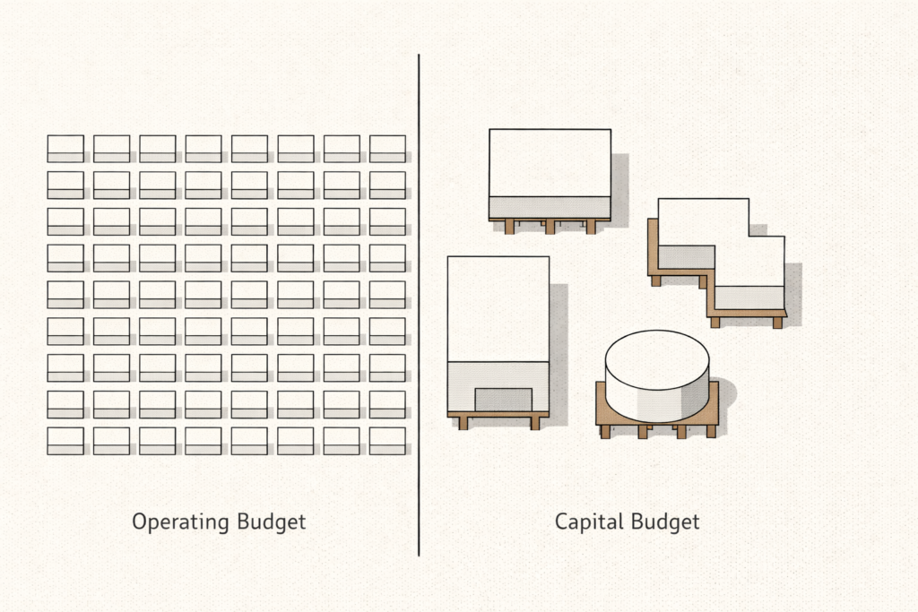 Operating vs capital budget blueprint showing structural separation between recurring services and infrastructure investment