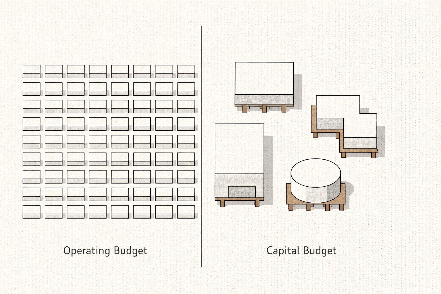 Operating vs capital budgets structural blueprint showing separation between services and infrastructure investment