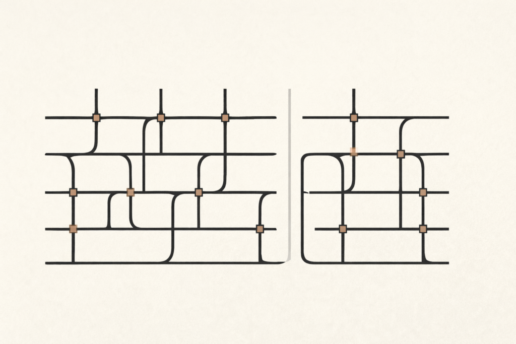 Minimalist architectural grid showing operational friction points and a cleared central pathway representing reduced friction in a structured system.