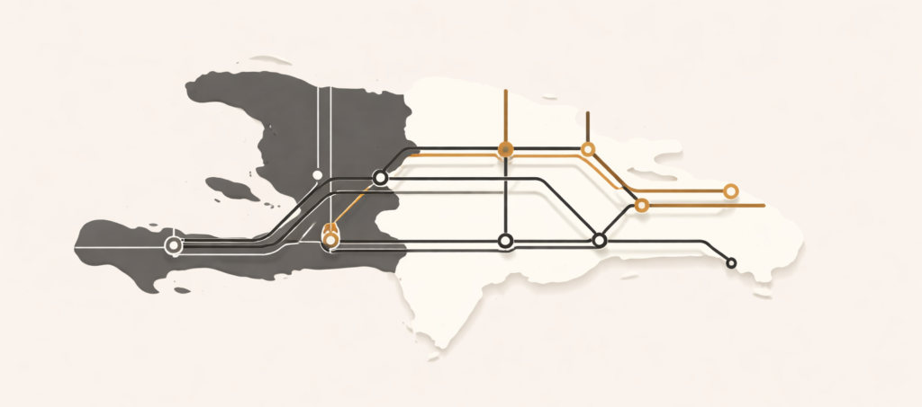 Minimalist diagram showing two parallel governance systems operating on a shared landmass with intersecting pressure points and misaligned pathways.