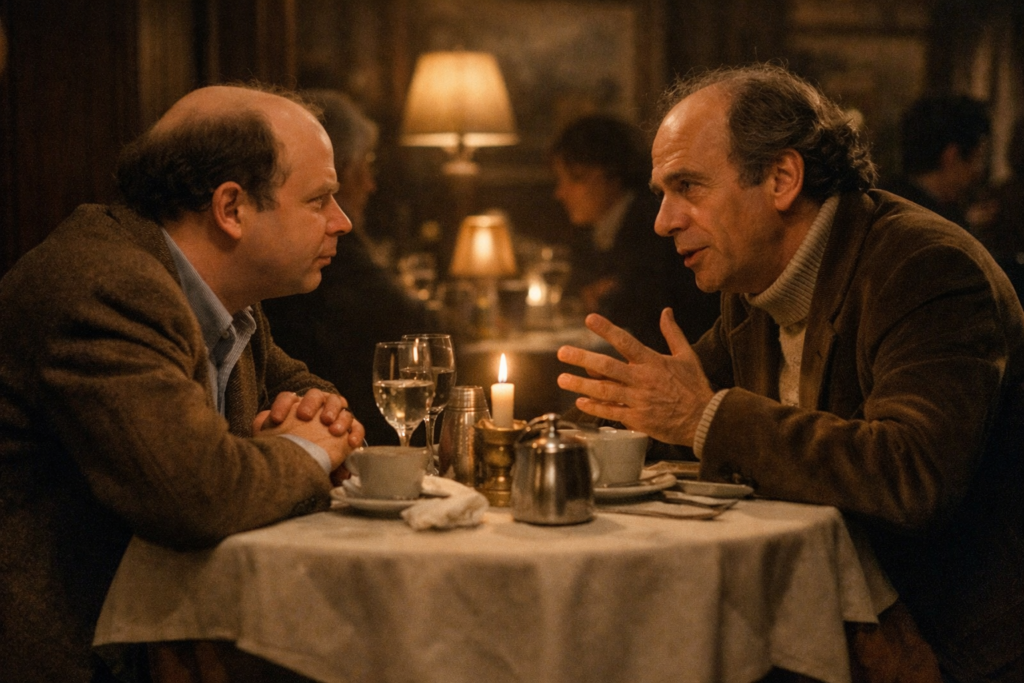 Two men engaged in deep philosophical conversation at a candlelit restaurant table inspired by My Dinner with Andre