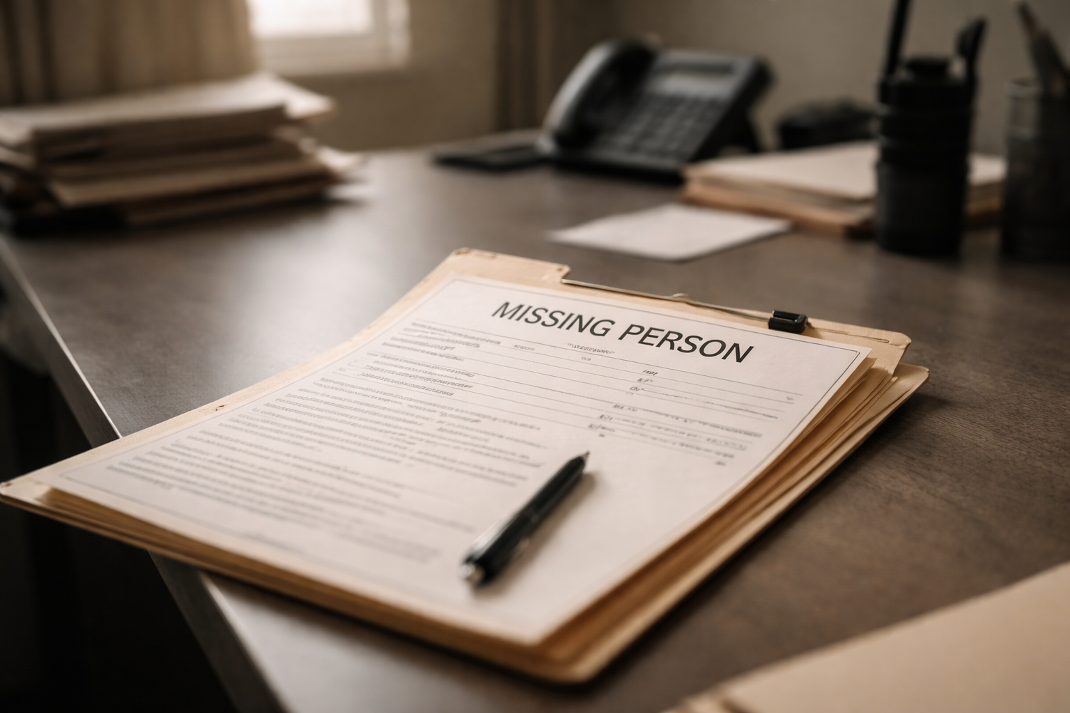 Police intake desk and missing person file illustrating runaway classification bias during case intake