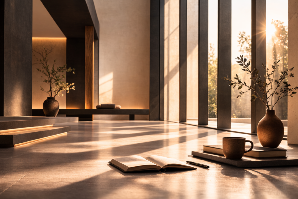 Minimalist architectural interior symbolizing the power of quiet thinking through stillness and reflective clarity.