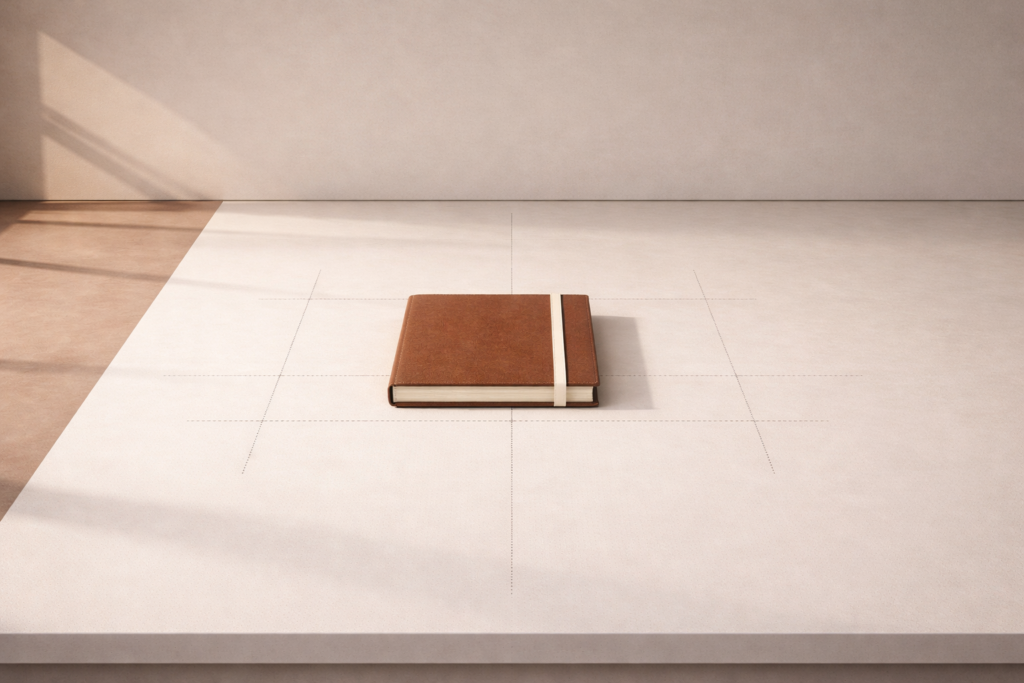 precision in daily habits shown through perfectly aligned object on a minimalist surface with exact spacing and structured layout