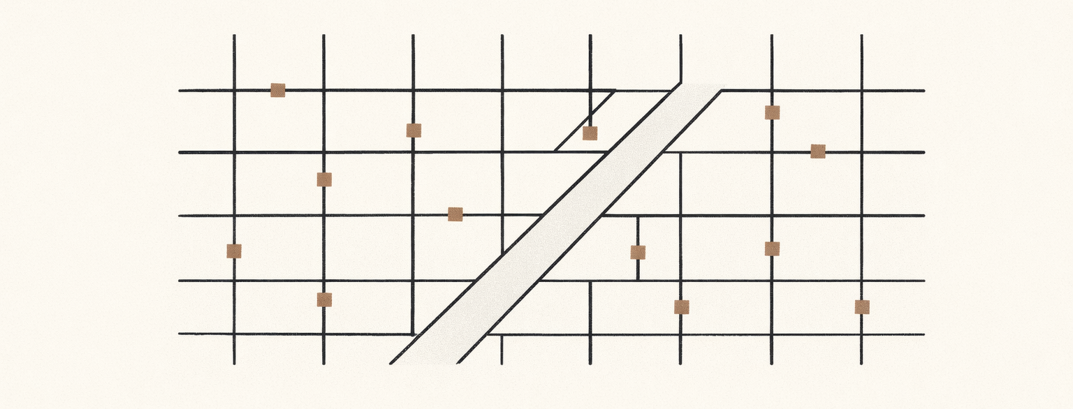 reduce system friction illustrated as a cleared pathway through a charcoal structural grid with fewer clay-brown resistance points