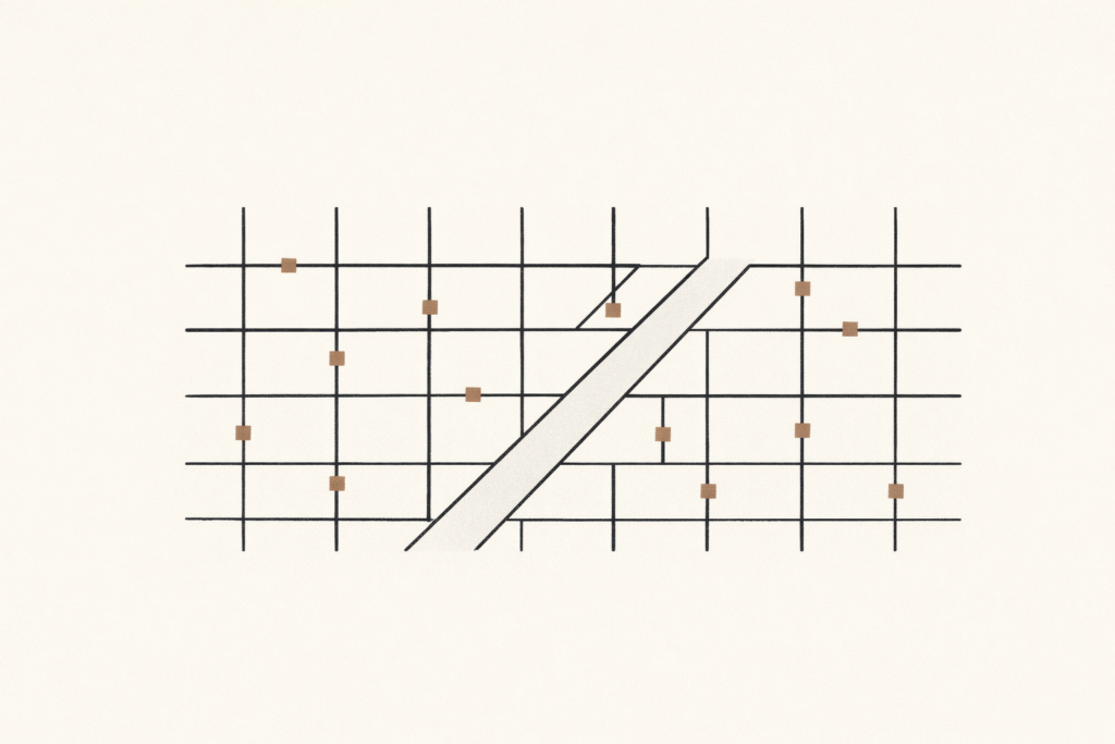 Minimalist architectural illustration representing reduced system friction. A charcoal structural grid contains multiple resistance points, while one cleared corridor demonstrates how removing small obstacles improves flow and operational reliability.