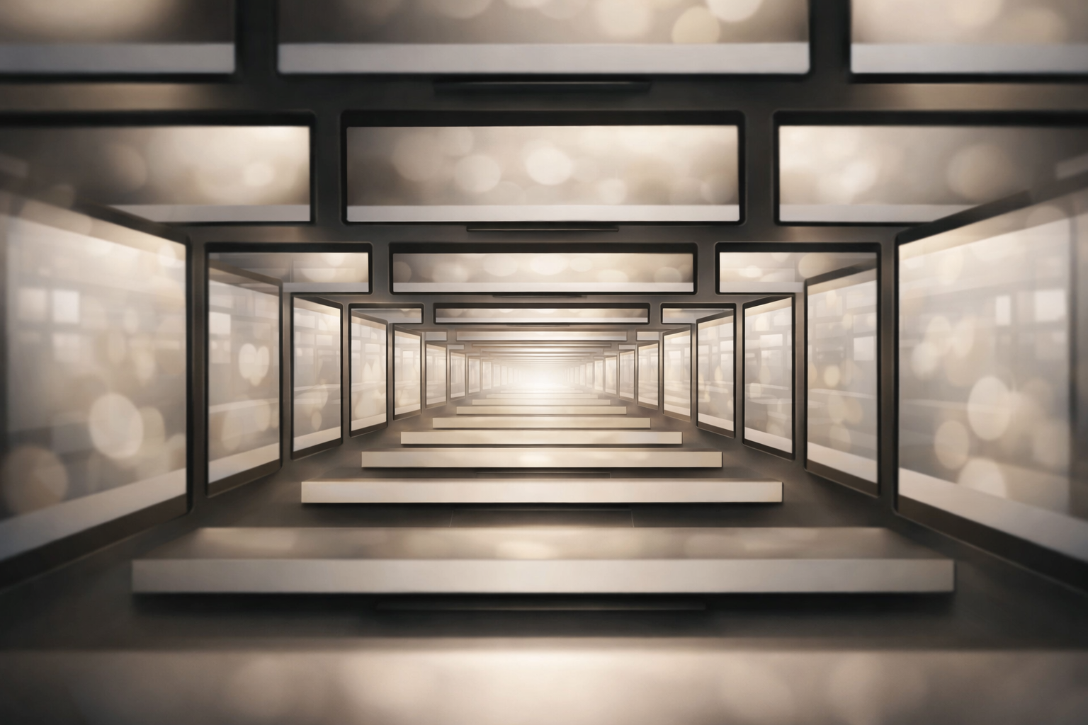 A tunnel of duplicated digital layers representing how repeated exposure reinforces belief patterns online.