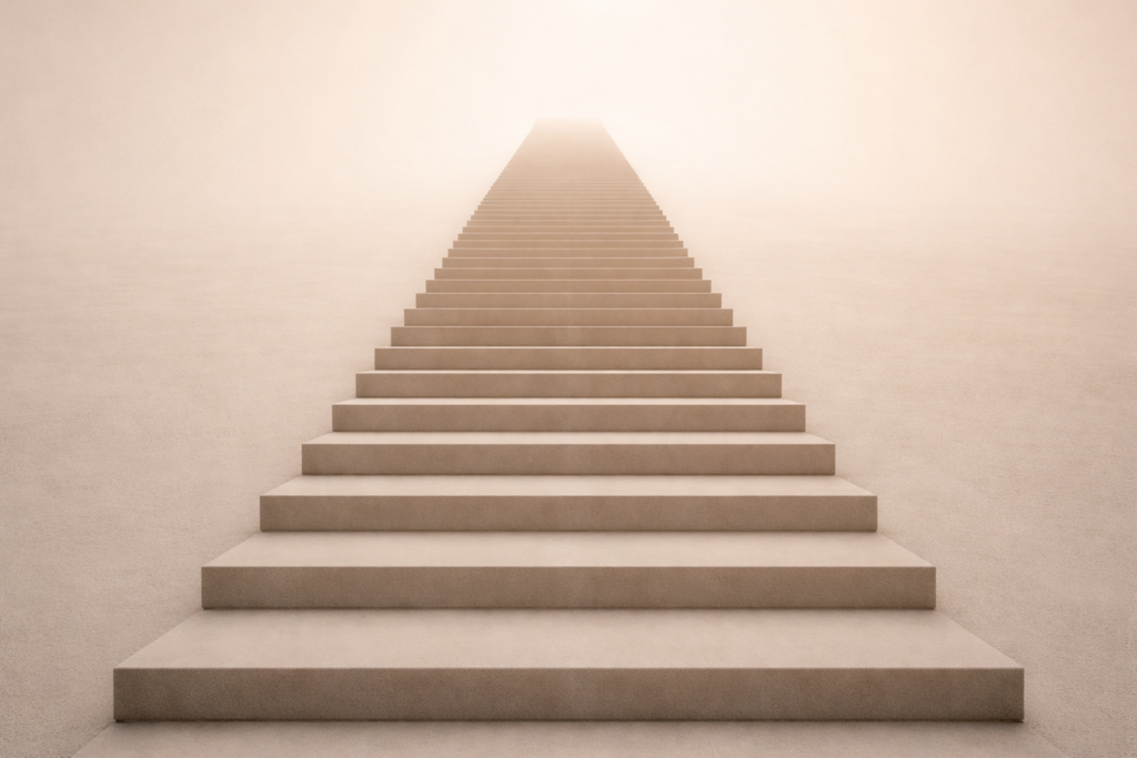 repetition discipline consistency shown through a long series of identical steps in a minimalist setting