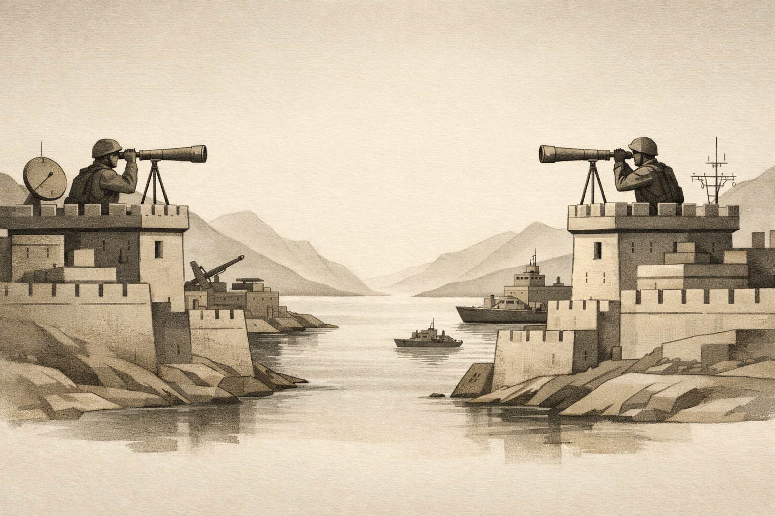 Security dilemma geopolitics illustration showing two fortified nations watching each other across a narrow sea while building defensive military structures