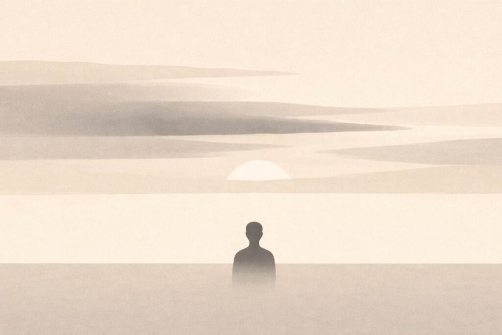 Minimalist abstract sky with layered cloud bands and a small human silhouette beneath a diffused circular sun, symbolizing reflective inner awareness.