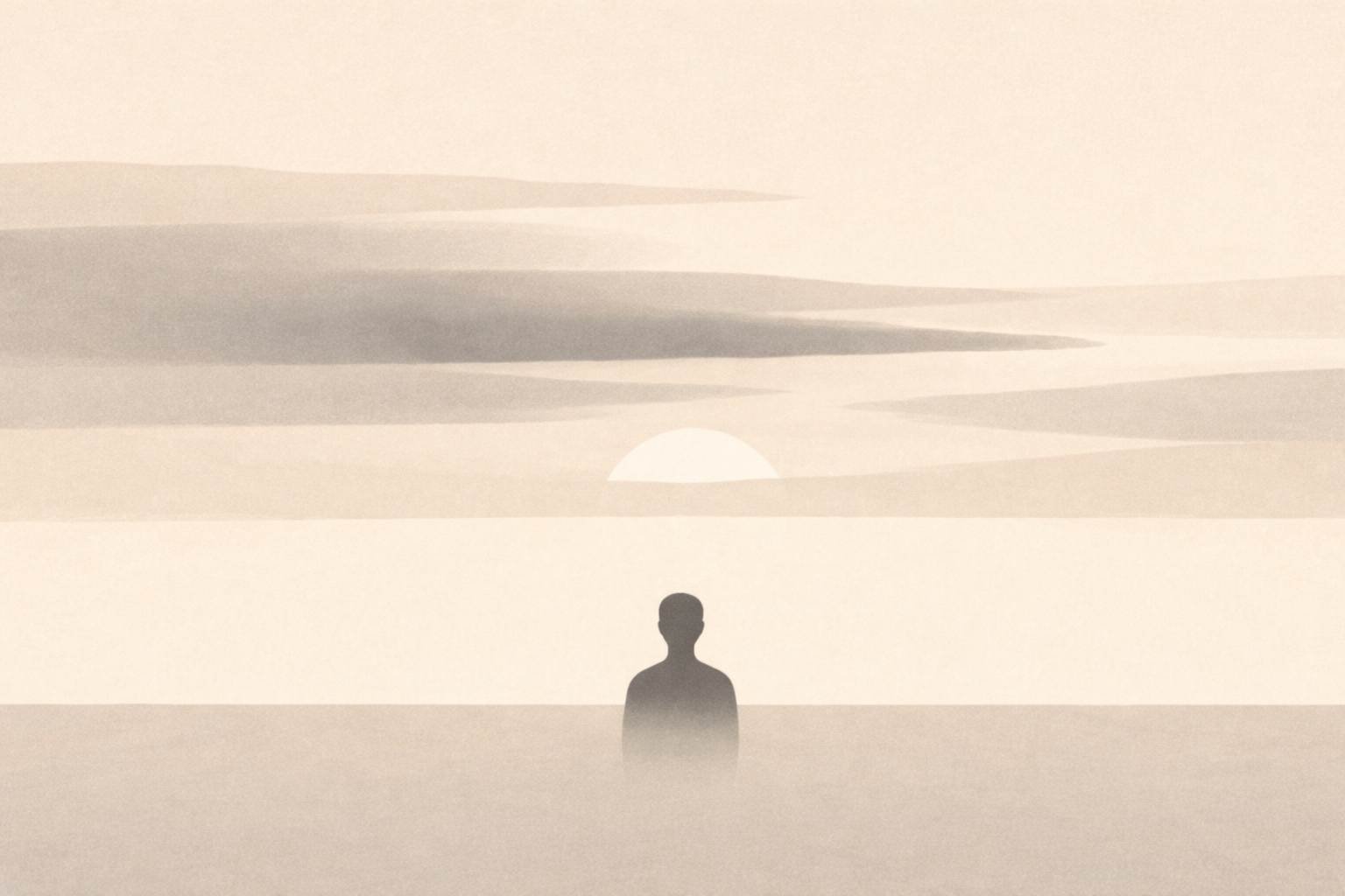 Minimalist abstract sky with layered cloud bands and a small human silhouette beneath a diffused circular sun, symbolizing reflective inner awareness.